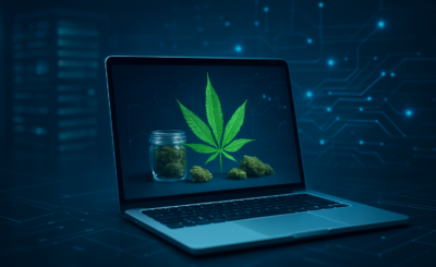 A laptop displaying a cannabis leaf and jar with marijuana buds against a tech-themed background