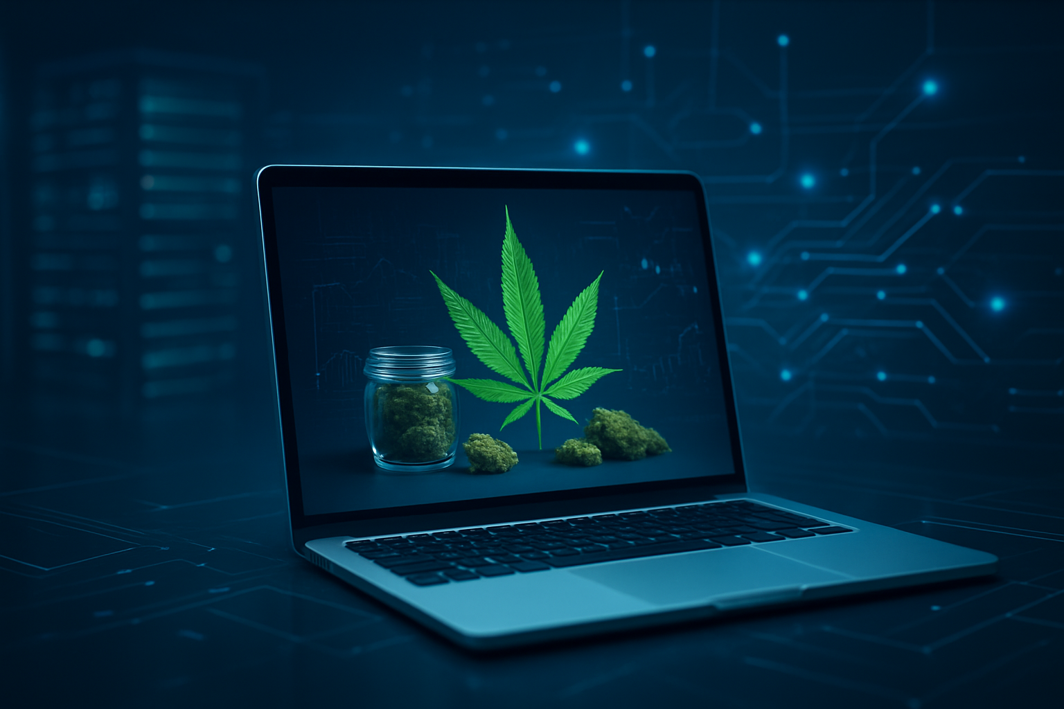 A laptop displaying a cannabis leaf and jar with marijuana buds against a tech-themed background